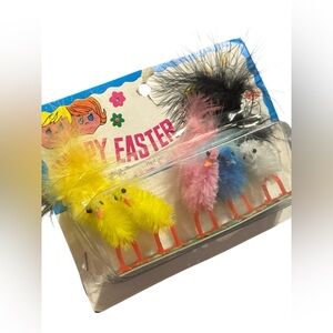 Vintage Chenille Pom Pom Chicks Yellow Blue Pink White Rooster Easter Decor NOS